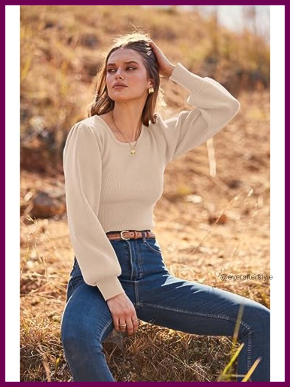 Long Puff Sleeve Crewneck Knit Ribbed Bodysuit Sweater for Women - Picture 3 of 6